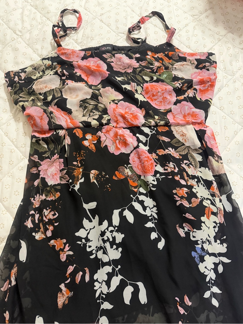 Black Floral Maxi Dress with Pink Rose Print and Spaghetti Straps - Picture 3 of 5